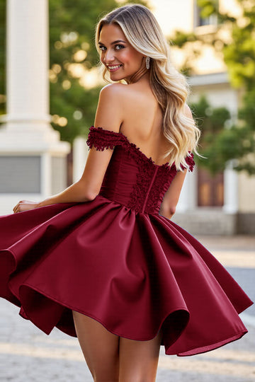 Burgundy Satin A Line Short Homecoming Dress with Appliques